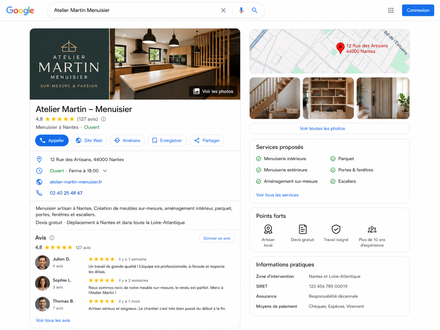 Fiche Google Business optimisée avec avis et bouton d'appel