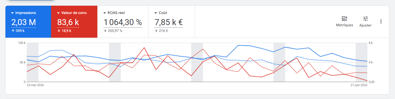 Capture d'écran Google Ads montrant les performances d'une campagne