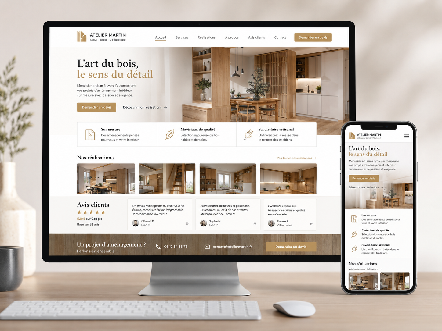 Site vitrine professionnel affiché sur ordinateur et mobile
