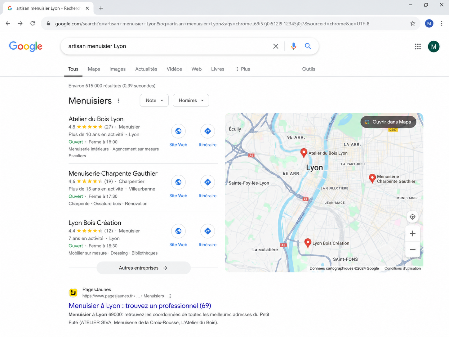 Carte locale et résultats Google pour une entreprise artisanale